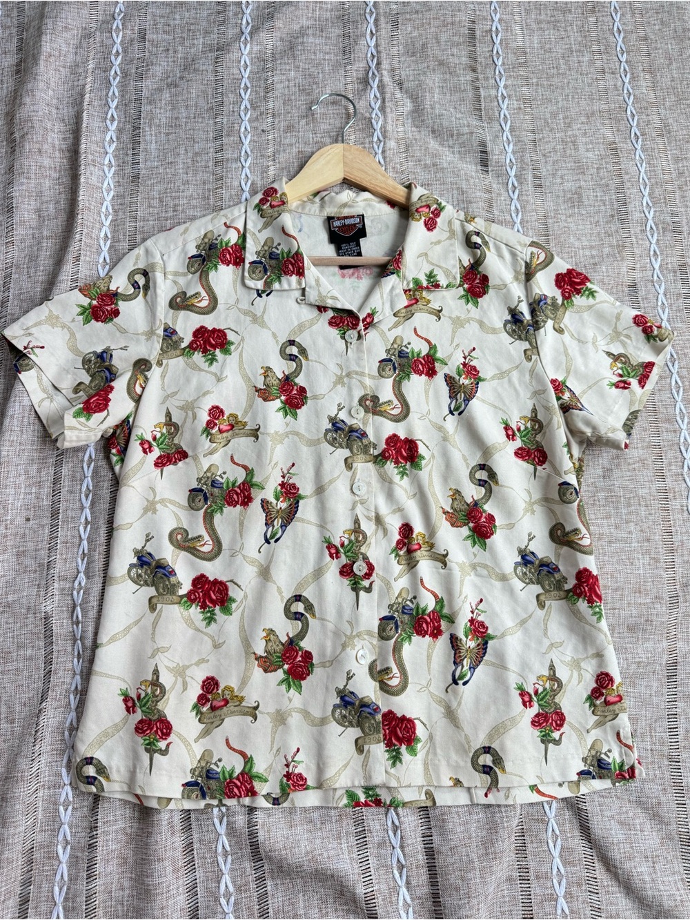Harley-Davidson Tori Richard Silk Tattoo Camp Shirt Women's Medium Motorcycle